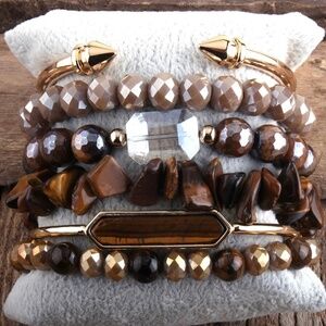 Tiger Eye & Crystal Beaded Bracelet Set – 7.3 Inch Stretch Fit with Faceted Bead